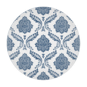 Rokoko-Damask großes Muster Blau auf Weiß Schneidebrett