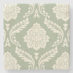Rokoko-Damask großes Muster Creme auf Grün Steinuntersetzer