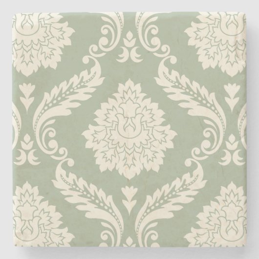 Rokoko-Damask großes Muster Creme auf Grün Steinuntersetzer (Vorderseite)