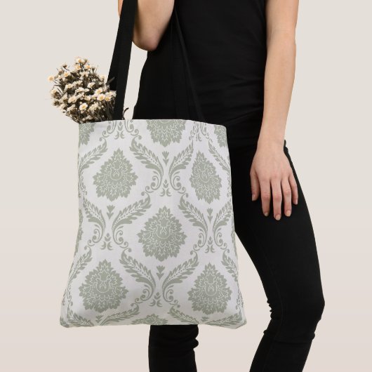 Rokoko-Damask großes Muster Grün auf Creme Tasche (Von Nahem)