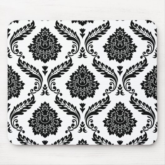 Rokoko-Damask großes Muster Schwarz auf Weiß Mousepad (Vorne)