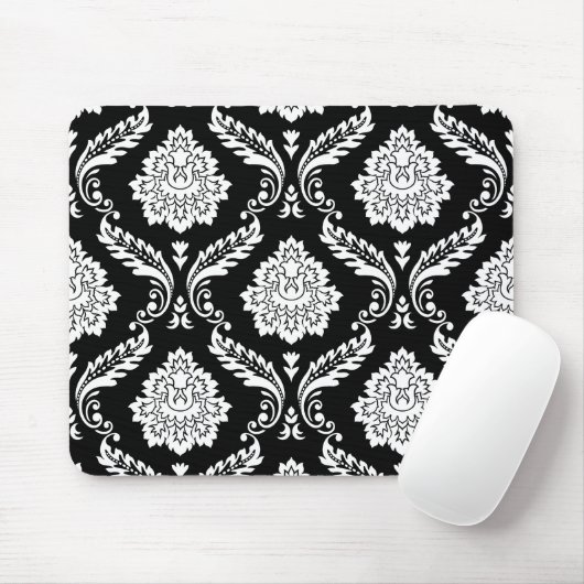 Rokoko-Damask Großes Muster Weiß auf Schwarz Mousepad (Mit Mouse)