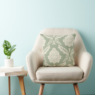 Rokoko-Damask-Kunst I Creme auf Grün Kissen