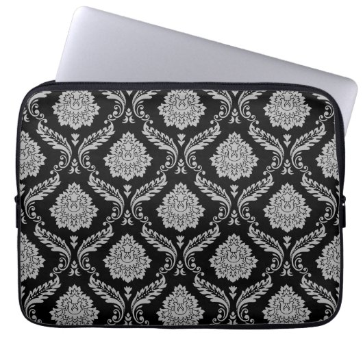Rokoko-Damaskmuster Grau auf Schwarz Laptopschutzhülle (Vorderseite)