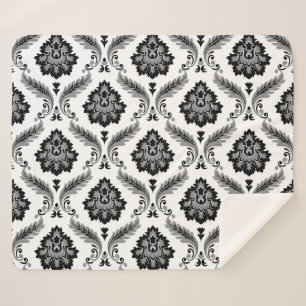 Rokoko-Damaskmuster Grau Schwarz Weiß Sherpadecke