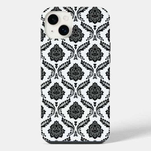 Rokoko-Damaskmuster Schwarz auf Weiß iPhone Hülle (Rückseite)