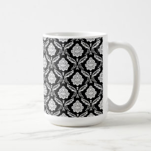 Rokoko-Damaskus kleines Muster Weiß auf Schwarz Kaffeetasse