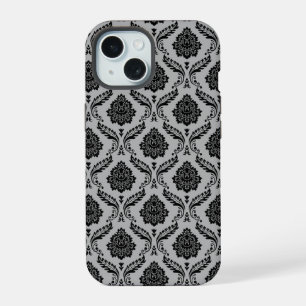 Rokoko-Damaskusmuster Schwarz auf Grau iPhone 15 Hülle