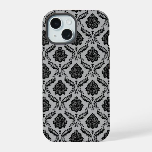 Rokoko-Damaskusmuster Schwarz auf Grau iPhone 15 Hülle (Rückseite)