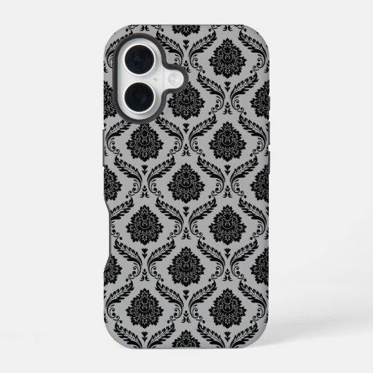 Rokoko-Damaskusmuster Schwarz auf Grau iPhone 16 Hülle (Rückseite)