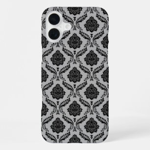 Rokoko-Damaskusmuster Schwarz auf Grau iPhone 16 Plus Hülle