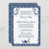 Rokoko Floral Navy Blue White Wedding Einladung (Vorne/Hinten)