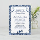 Rokoko Floral Navy Blue White Wedding Einladung (Stehend Vorderseite)