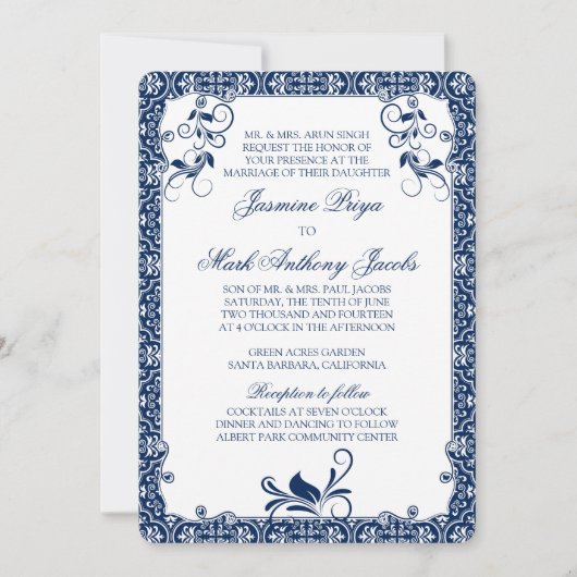 Rokoko Floral Navy Blue White Wedding Einladung (Vorderseite)