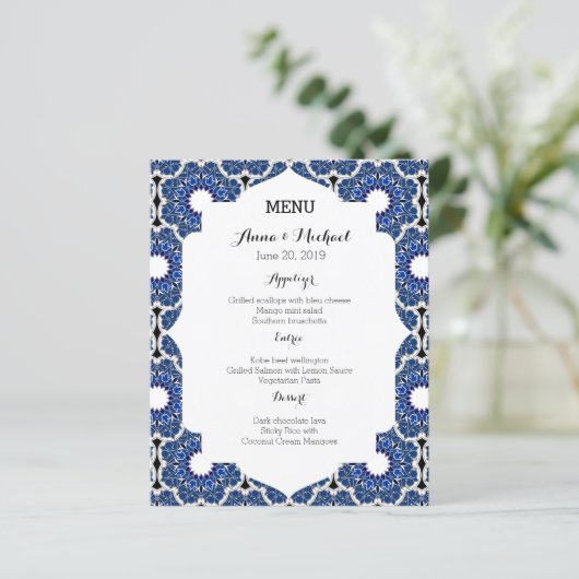 Rokoko Indigo Beautiful Blue Wedding Menu (Stehend Vorderseite)