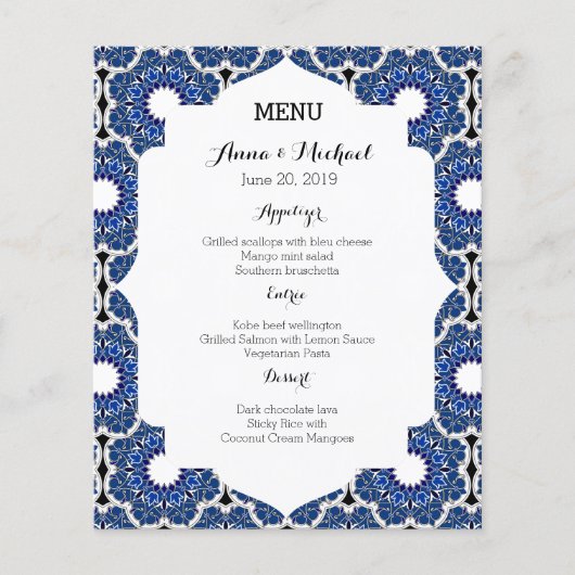 Rokoko Indigo Beautiful Blue Wedding Menu (Vorderseite)