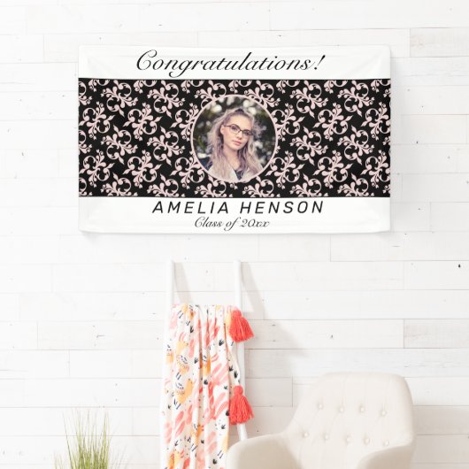 Rokoko Pink Black Foto Name Class of Abschluss Banner (Insitu)