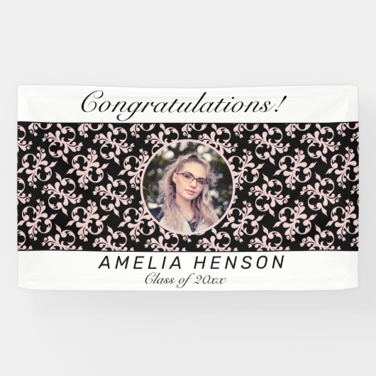 Rokoko Pink Black Foto Name Class of Abschluss Banner (Horizontal)