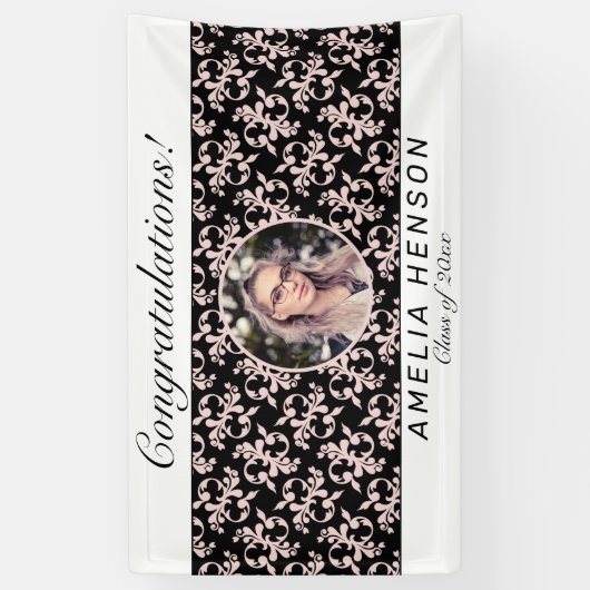 Rokoko Pink Black Foto Name Class of Abschluss Banner (Vertikal)