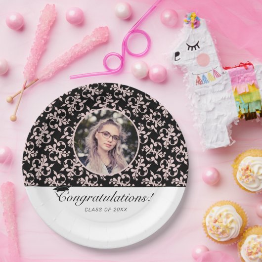 Rokoko Pink Black Graduate Foto Abschluss Pappteller (Party)
