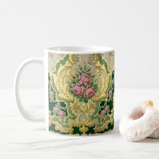 Rokoko Pink Roses Blumenmedaille Goldrahmen Kaffeetasse (Mit Donut)
