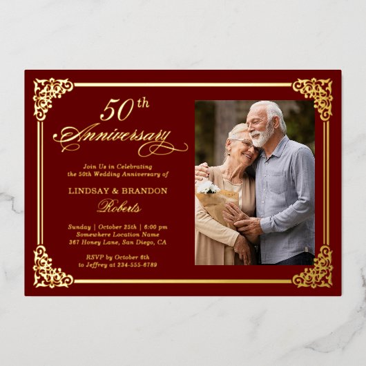 Rokoko Red Gold Frame Hochzeitstag Foto Folieneinladung (Vorderseite)