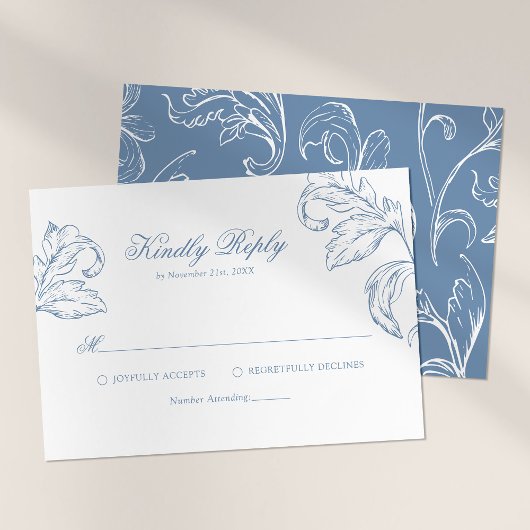 Rokoko Vintag Blue Wedding RSVP Karte