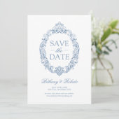 Rokoko Vintag Dusty Blue Save the Date (Stehend Vorderseite)