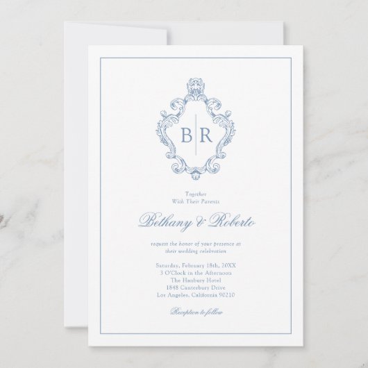 Rokoko Vintag Monogram Blue Wedding Einladung (Vorderseite)