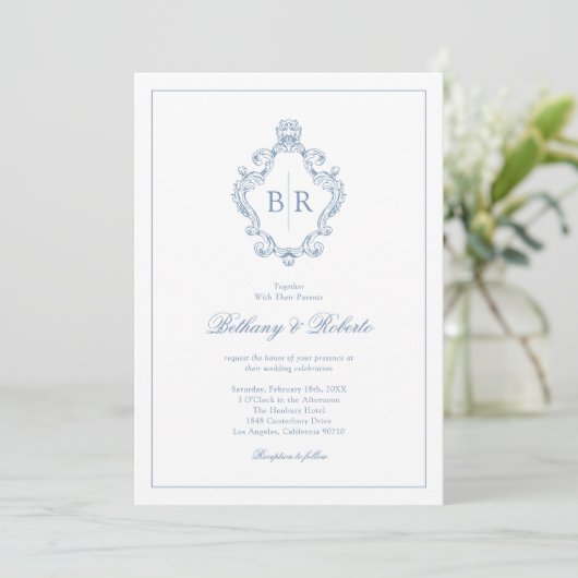 Rokoko Vintag Monogram Blue Wedding Einladung (Stehend Vorderseite)