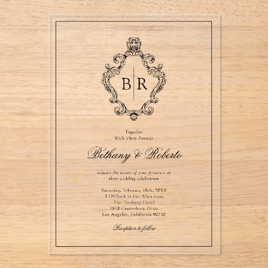 Rokoko Vintag Monogram Wedding Acryleinladungen (Vorderseite)