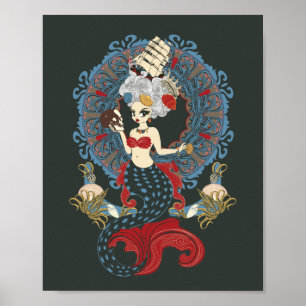 Rokokomeerjungfrau Art Nouveau Karte Poster