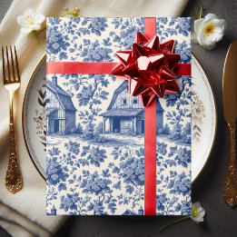 Rokokoröses französisches Toile-Blumenmuster Blau Geschenkpapier