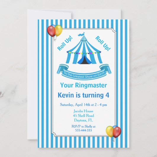Roll hoch! Roll hoch! Circus Birthday Party Blue Einladung (Vorderseite)
