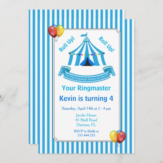 Roll hoch! Roll hoch! Circus Birthday Party Blue Einladung (Vorne/Hinten)