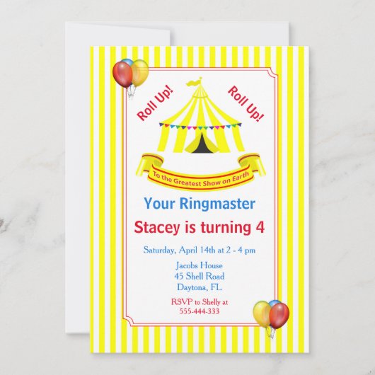 Roll hoch! Roll hoch! Circus Birthday Party Gelb Einladung (Vorderseite)