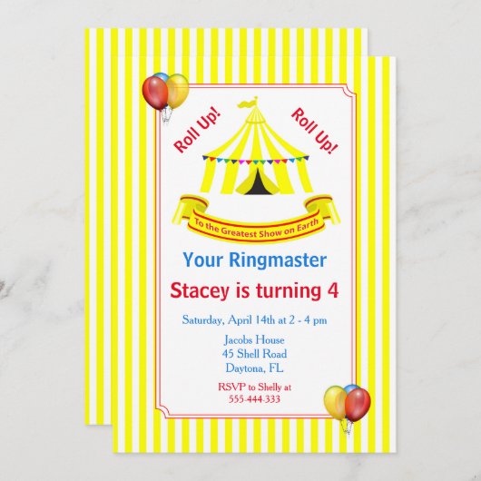 Roll hoch! Roll hoch! Circus Birthday Party Gelb Einladung (Vorne/Hinten)