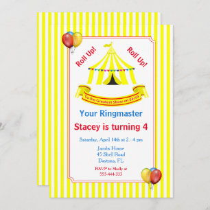 Roll hoch! Roll hoch! Circus Birthday Party Gelb Einladung