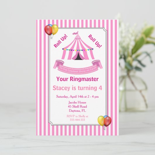 Roll hoch! Roll hoch! Circus Birthday Party Pink Einladung (Stehend Vorderseite)