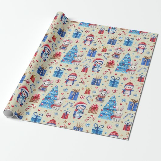 Roll, Name Holiday Animals Red-Blue Whimsy Muster Geschenkpapier (Ungerollt)