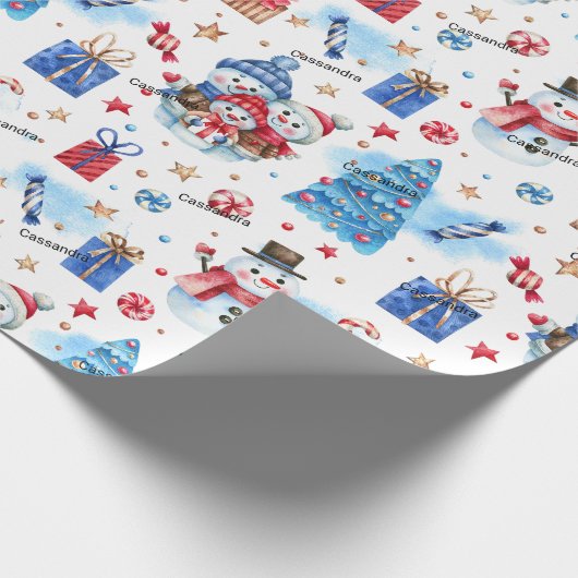 Roll, Name Holiday Snowmen Familie Red-Blue Muster Geschenkpapier (Ecke)