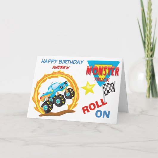 Roll on Blue Monster Truck Birthday Card Karte (Vorderseite)