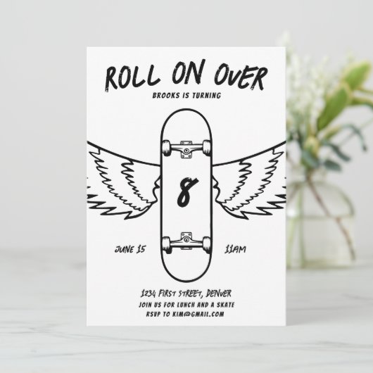 Roll on over Skateboarding Theme Party Einladung (Stehend Vorderseite)
