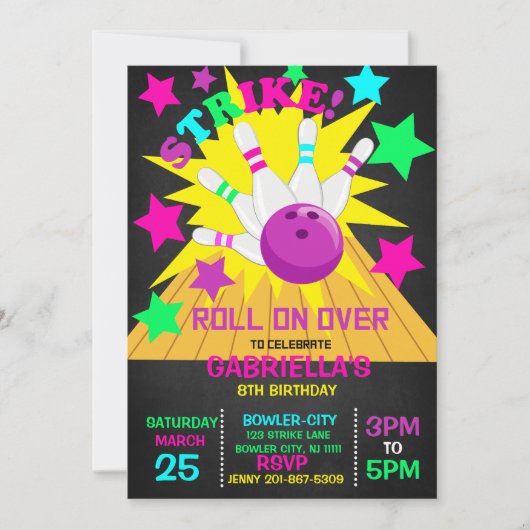 Roll On Over.. STRIKE Bowling Birthday Party Einladung (Vorderseite)