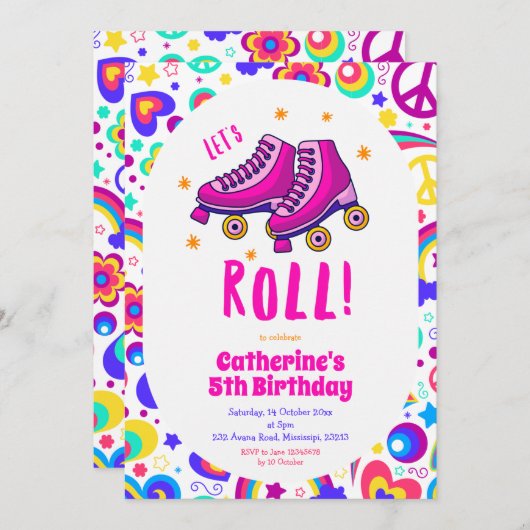 Roll Pink zum Geburtstag Einladung (Vorne/Hinten)