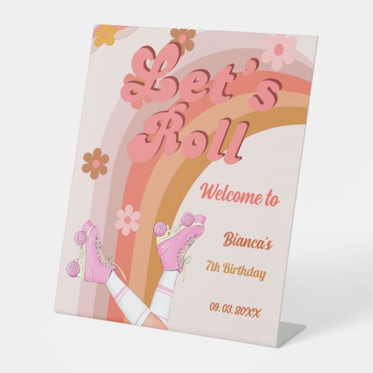 Roll Retro Groovy Roller Skate Begrüßungszeichen Sockelschild (Vorderseite)