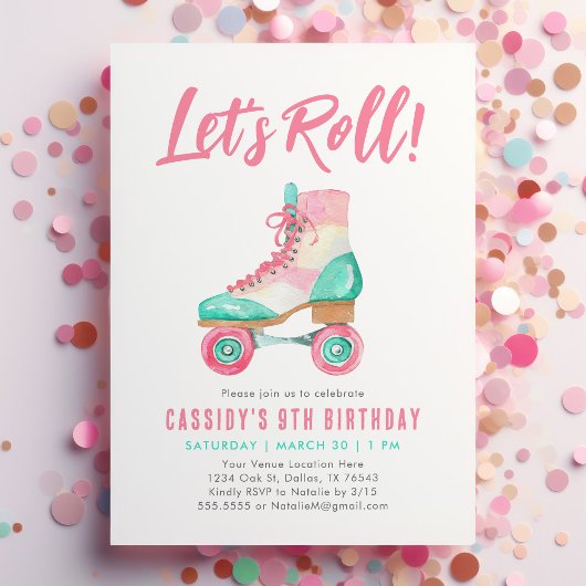 Roll Retro Roller Skate Girl Birthday Einladung