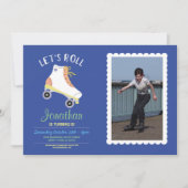 Roll Rollerskate Blue Birthday Party Foto Einladung (Vorderseite)