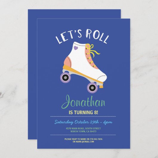 Roll Rollerskate Blue Birthday Party Skaten Einladung (Vorne/Hinten)