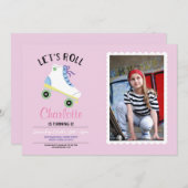 Roll Rollerskate Pink Birthday Party Foto Einladung (Vorne/Hinten)